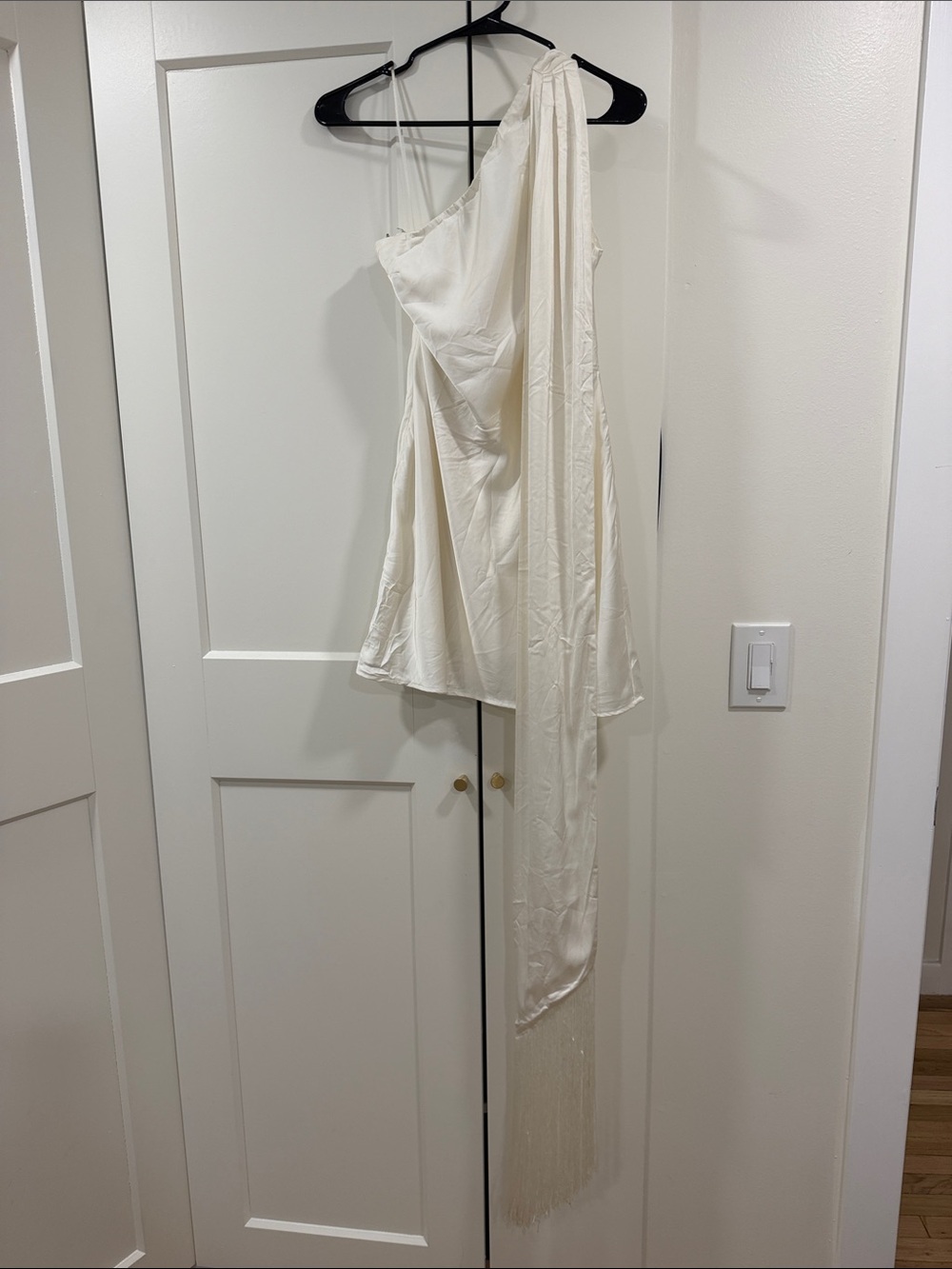 Abercrombie & Fitch One-Shoulder Ivory Dress with Draped Fringe Sash